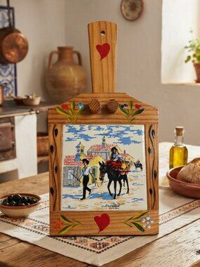 Vintage Algarve Portugal Folk Art Wooden Plaque w/ Ceramic Tile - 1960s